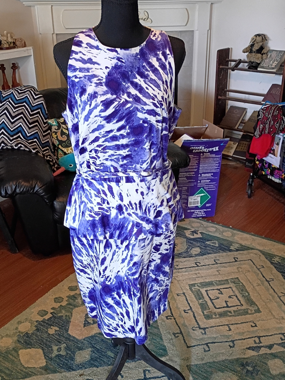 London Times Blue & White Tie-Dye Peplum Midi Dress with Scoop Neck